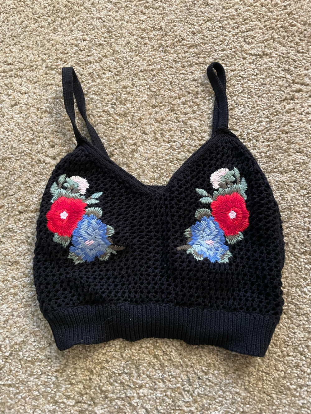 Y2K American eagle Black Floral Embroidered Crochet Bralette boho xs